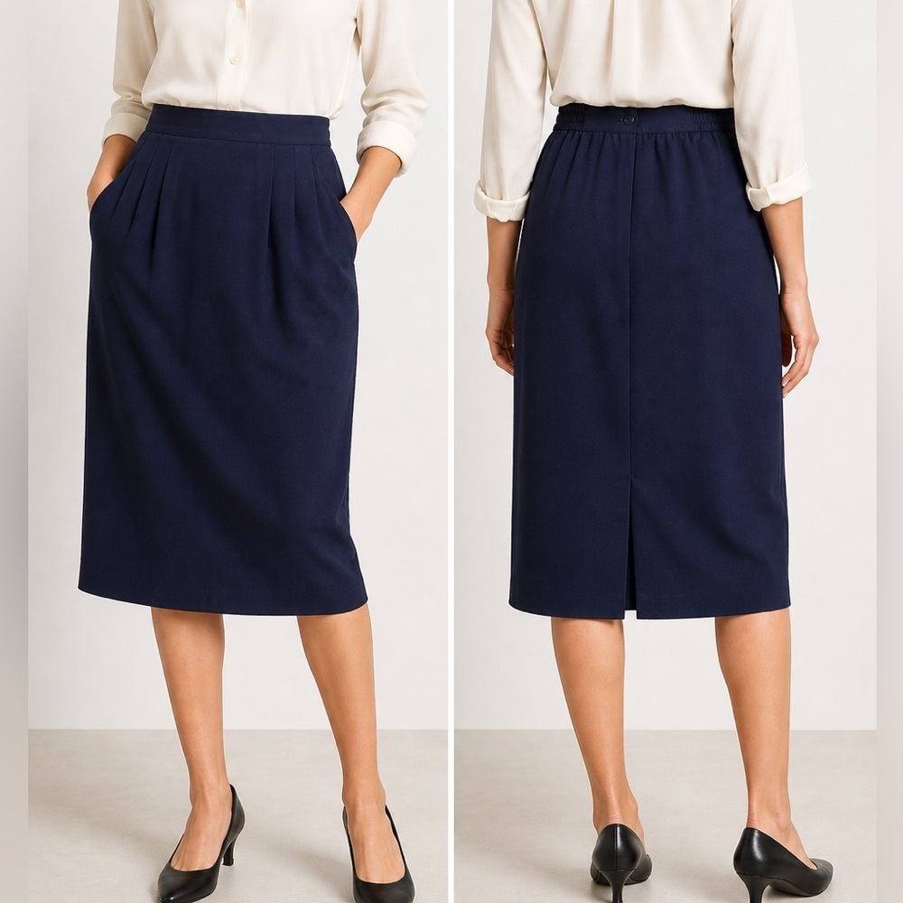 Vintage Sag Harbor Navy Blue Midi Skirt Elastic Waist size 8